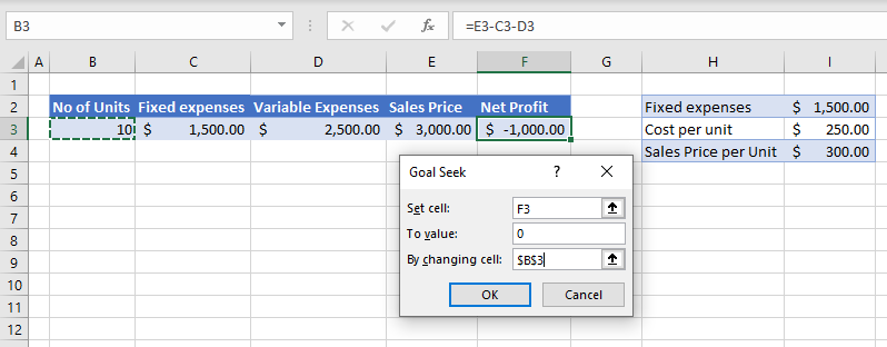 BreakEven goalseek cells