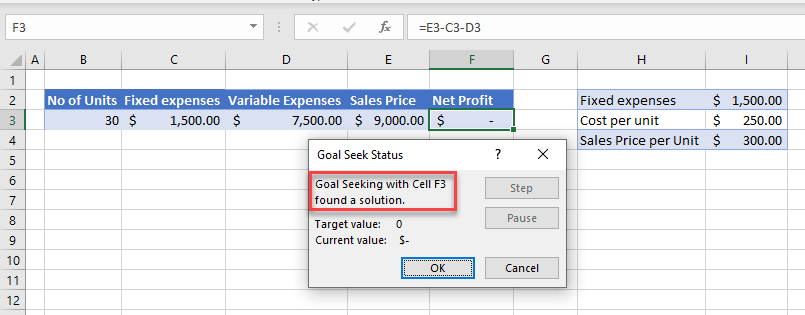 BreakEven goalseek solution