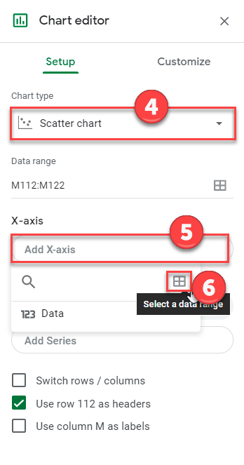 Change to Scatter Chart for Q Q Chart in Google Sheets