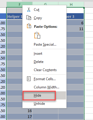 Filter hide columns