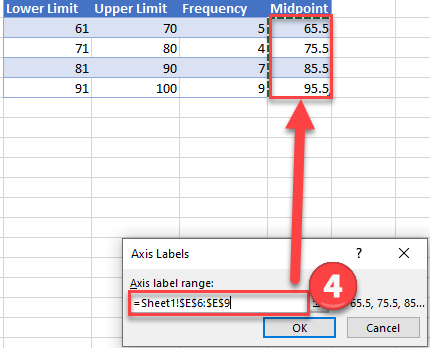 Update Axis Labels with Midpoint for Frequency Polygon Graph in Excel
