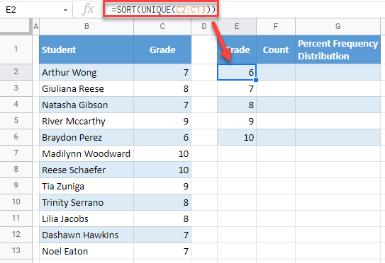 google sheets percent frequency distribution 1