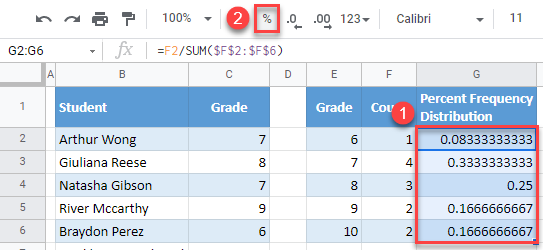 google sheets percent frequency distribution 4