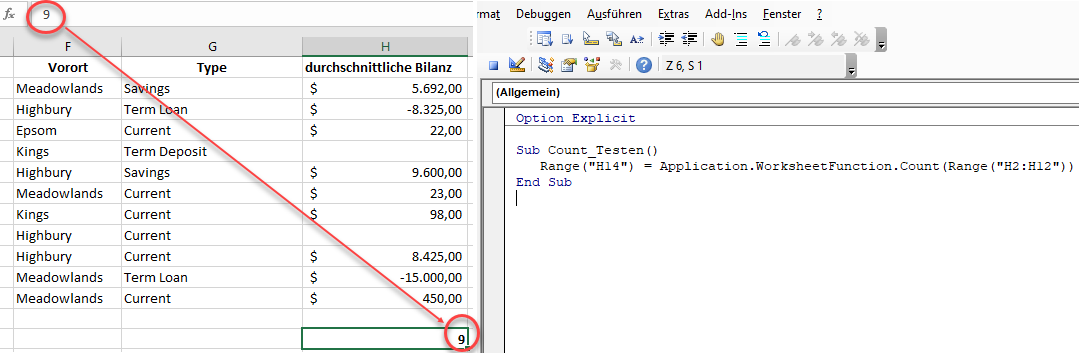 vba count statische anwendung