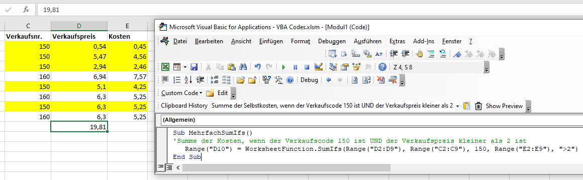 vba sumifs funktion beispiel