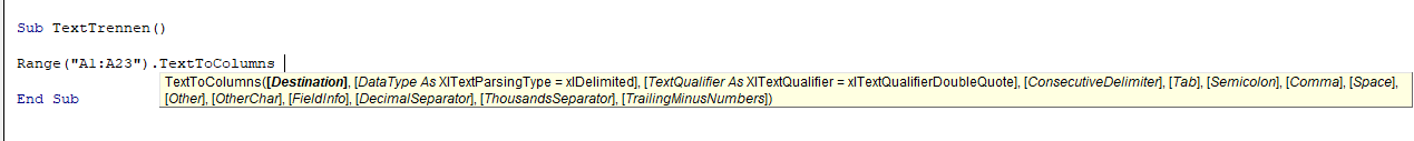 vba texttocolumns syntax