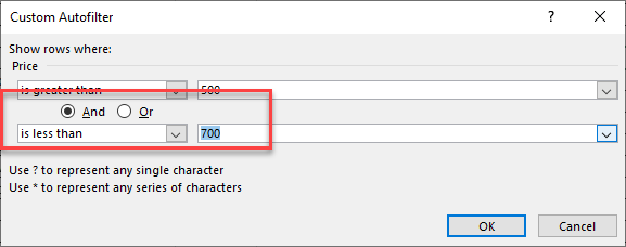 advancedfilter greater than and less than