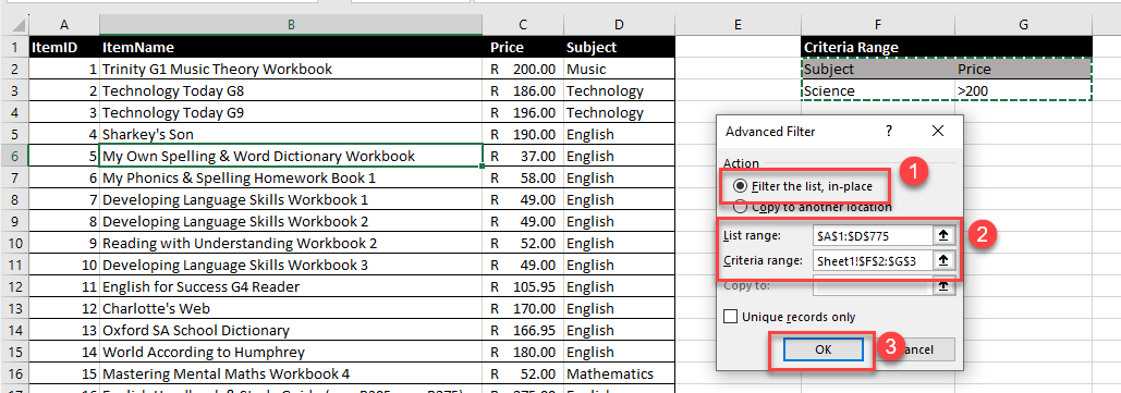 advancedfilter select criteria