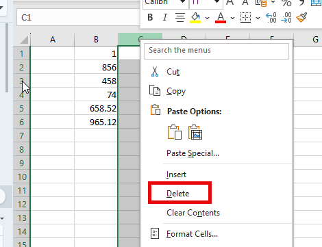 clean data delete column quick menu