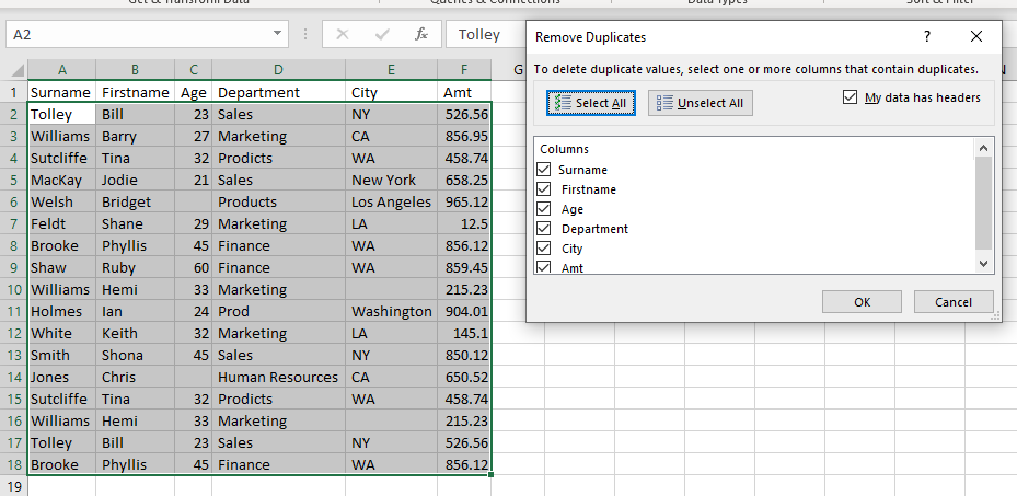 Clean Data remove duplicates select