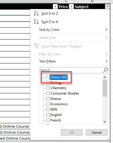 FilterData clearselectall