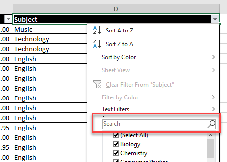 FilterData search box