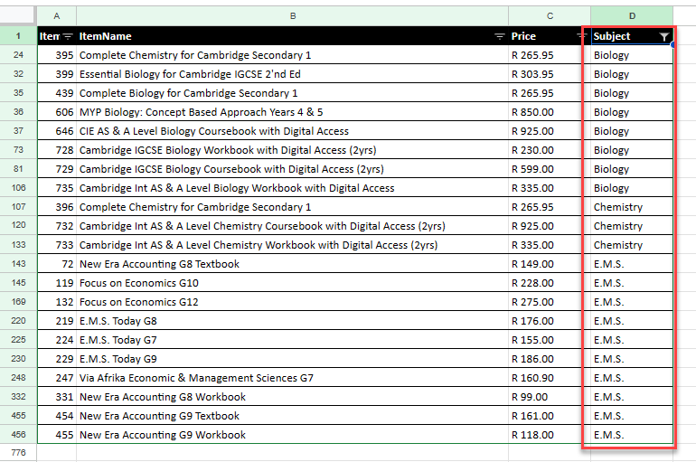 filtermega gs sorted data