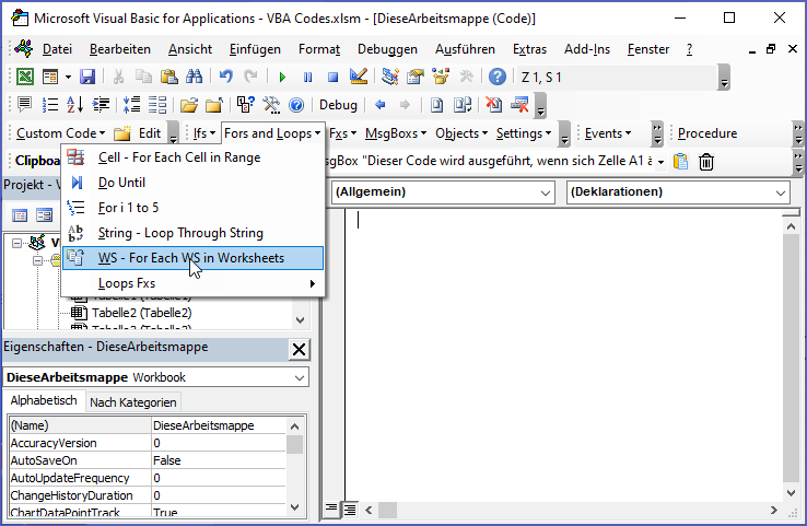 automacro uebersicht for each ws in worksheets