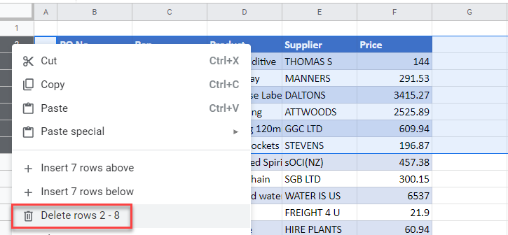 deletemultiple gs rows right click