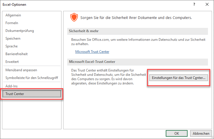 excel trust center addin einstellungen