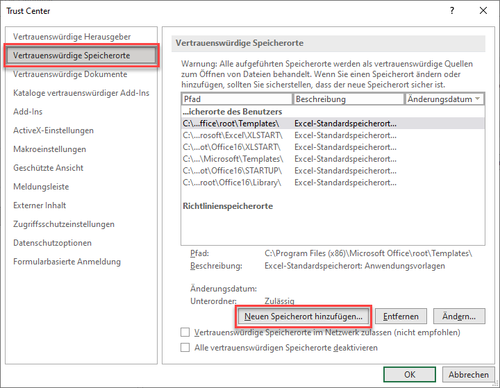 excel trust center neuen xlam speicherort hinzufuegen