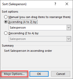 pivot sort more sort options