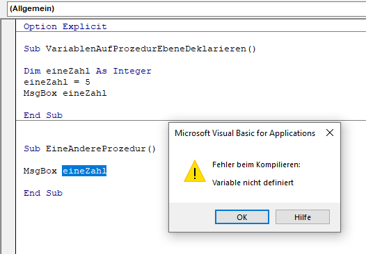 variable auf prozedurebene deklarieren fehler