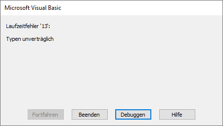 vba laufzeitsfehler unverträgliche typen