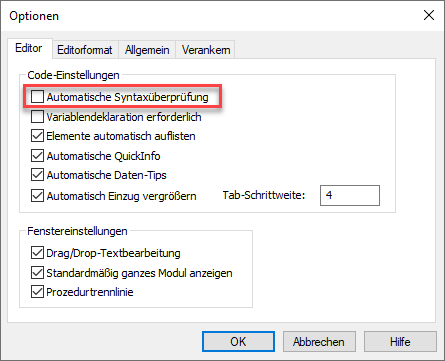 vba optionen syntaxpruefung