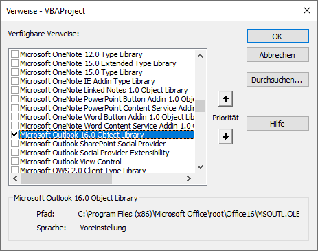 vba outlook verweise