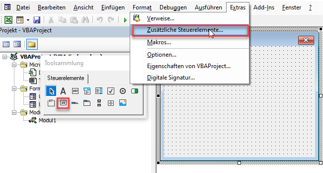 vba zusaetzliche steuerelemente