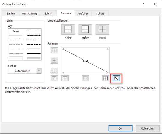 Excel geteilte Zelle Rahmen diagonal