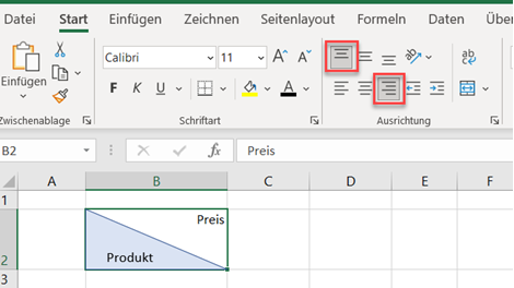 Excel geteilte Zelle Text Ausrichtung