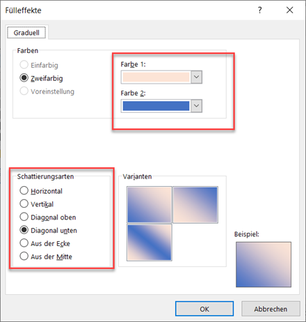 Excel geteilte Zelle fuellen Farbe