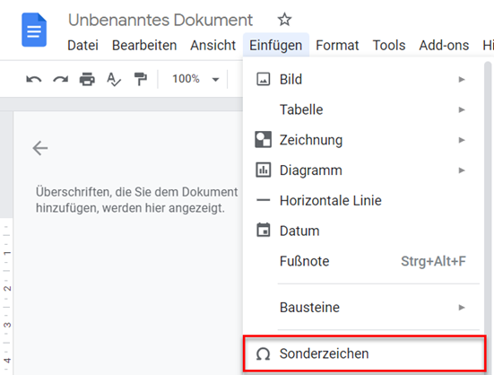Symbole einfuegen Google Doc Bausteine 1
