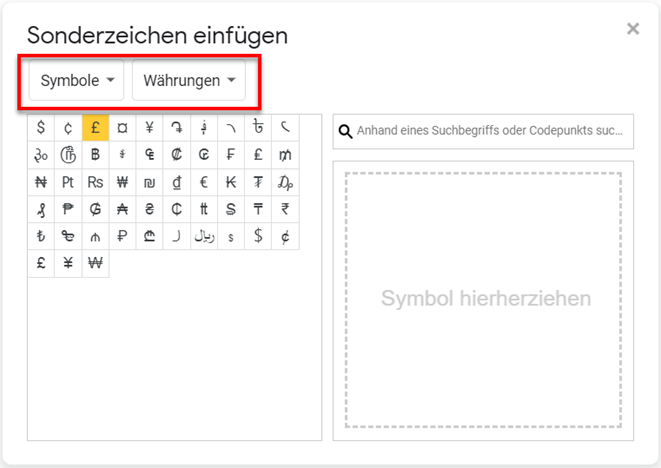 Symbole einfuegen Google Doc Waehrungen 1