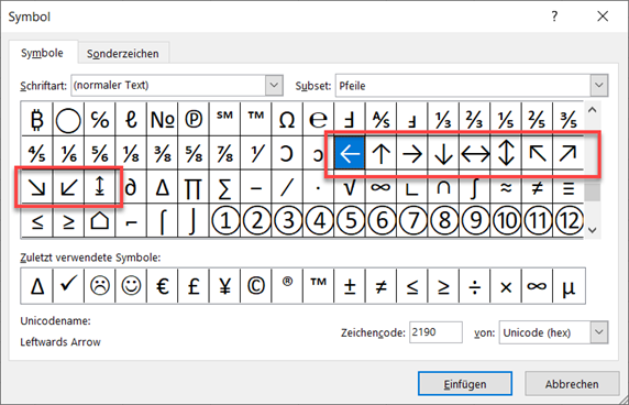 Symbole einfuegen Pfeile