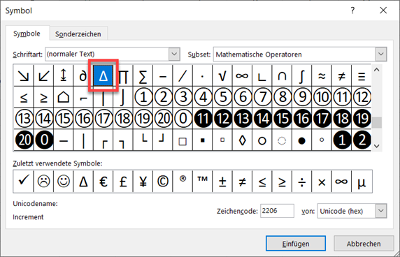 Symbole einfuegen increment