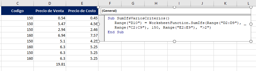 funcion WorksheetFunction SUMIFS