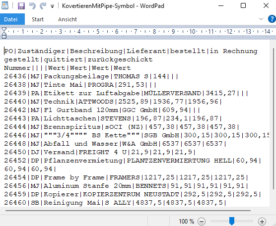 konvertieren zu Pipe Wordpad Ansicht