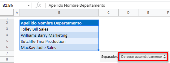 Dividir columna en gsheets detectar