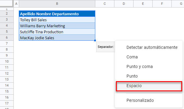 Dividir columna en gsheets espacio
