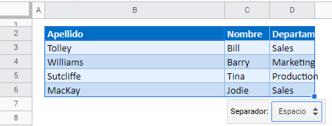 Dividir columna en gsheets resultado