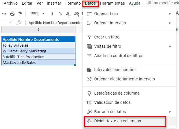 Dividir columna en gsheets