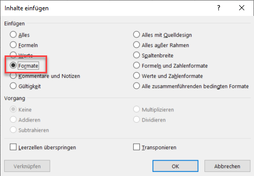 Excel Kopie bedingteFormatierung Inhalte einfügen Format