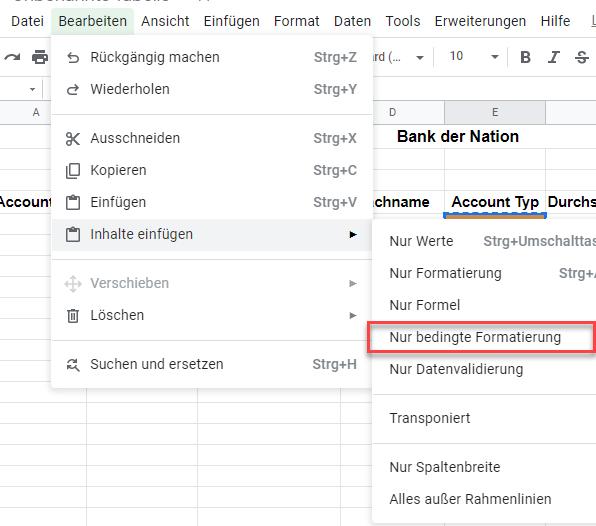 Excel Kopie bedingteFormatierung googlesheets Inhalteeinfügen 1