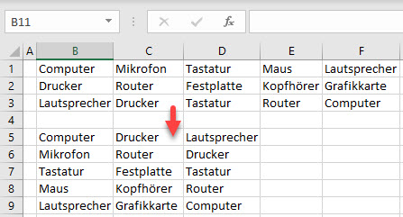 Excel mehrere Reihen Transport Daten fertig