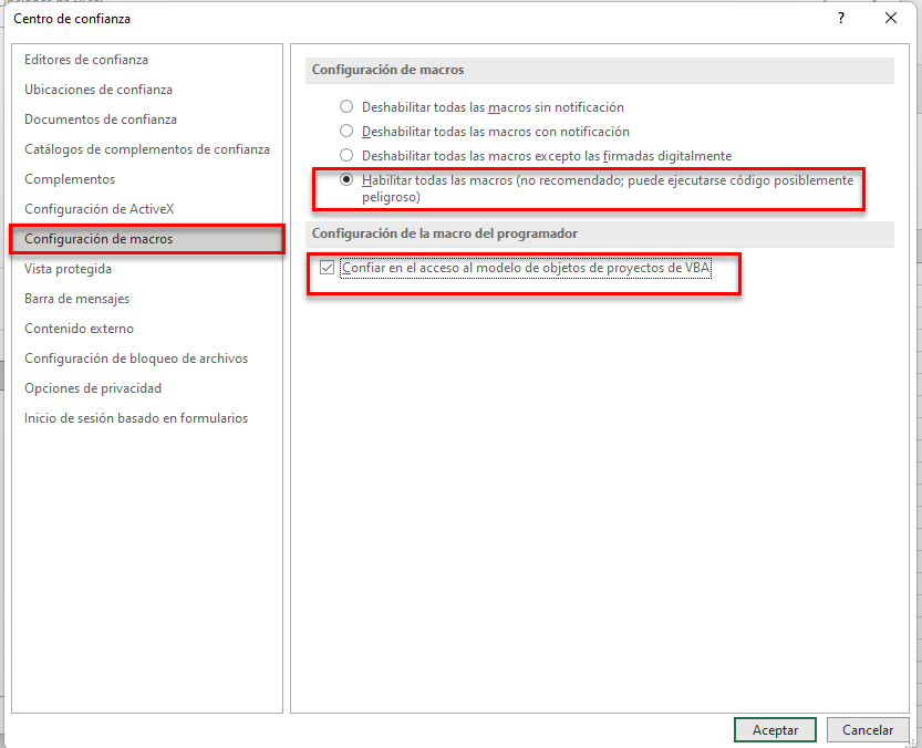 Habilitar macros en centro de confianza
