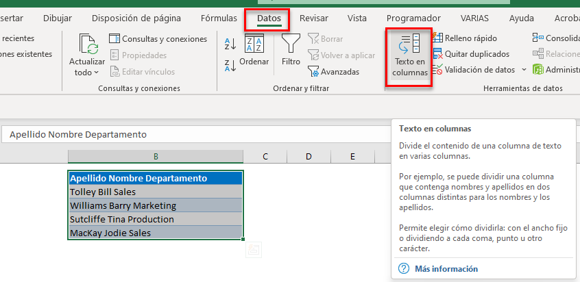 Menu datos texto en columnas