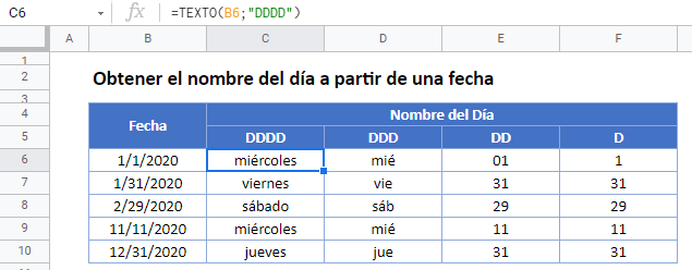 Nombre dia desde fecha gsheets