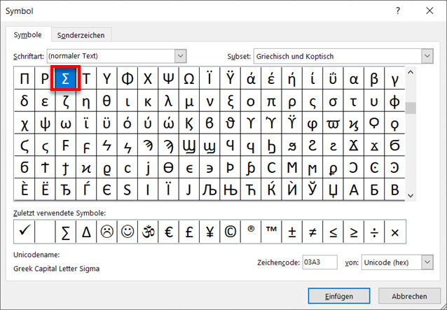 Symbole einfuegen Summe 1