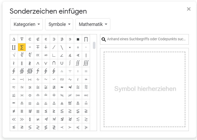 Symbole spezial Charakter Google Sheets