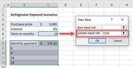 whatif column input cell