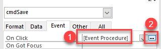 access save button event